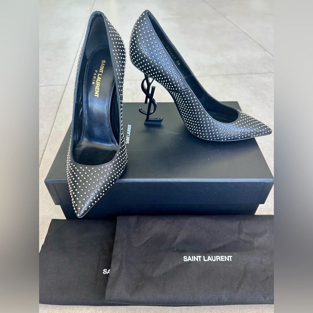 Saint Laurent Opyum 110 YSL Pumps Leather Studded Black High Heels EU 38 US 8
